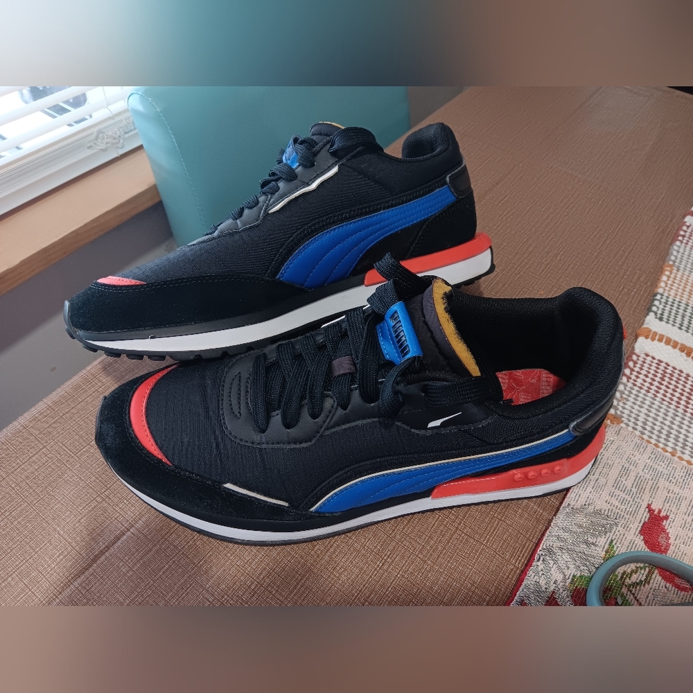Puma Men's Black Sneakers with Blue and Red Accents